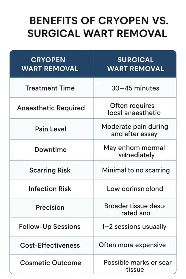 Table showing the benefits of cryopen to remove warts Windsor compared to surgical treatment